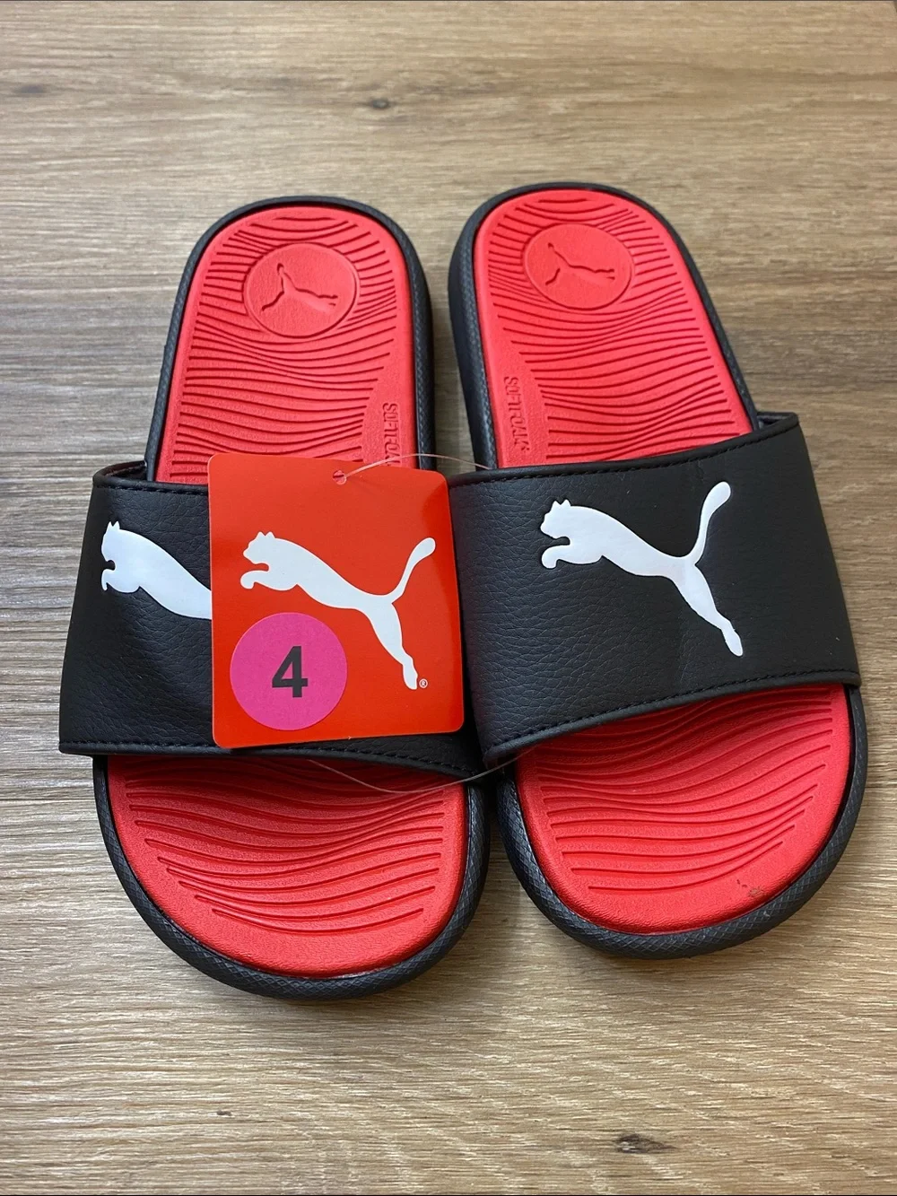 Puma Cool Cat Pool Slides Youth Size 4 Black White Logo Slip-On Sandals
